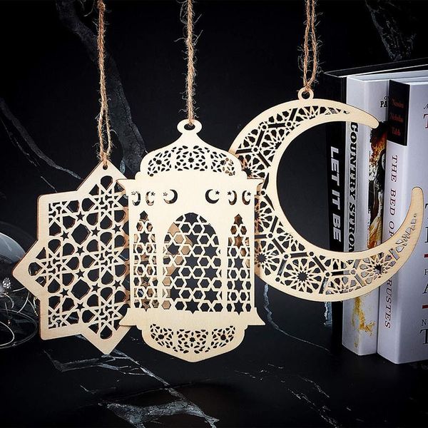 

3pcs/set eid mubarak wood craft moon plaque decorations for home hanging ornament pendant islam muslim party supplies