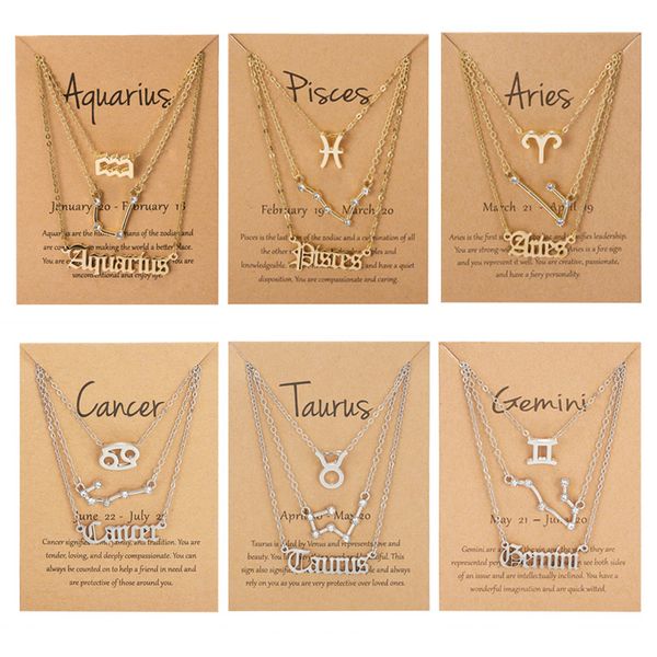 

multilayer necklace twelve constellations 12 zodiac signs necklace crystal constellation pendant choker collar chain necklaces, Silver
