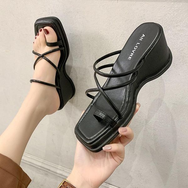

slippers comemore 2021 soft hawaiian female shoes rubber flip flops casual slides women heels loafers square toe platform wedge, Black