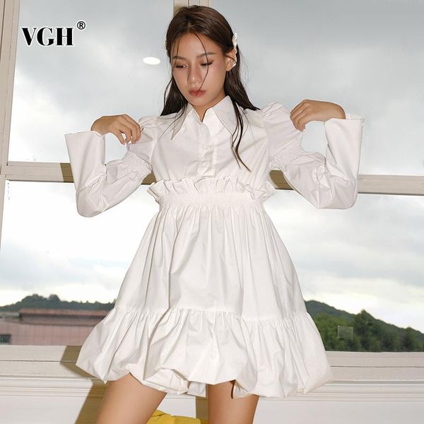 

casual dresses vgh white vintage patchwork ruffle a line mini dress female lapel puff long sleeve high waist for women 2021 fashion, Black;gray