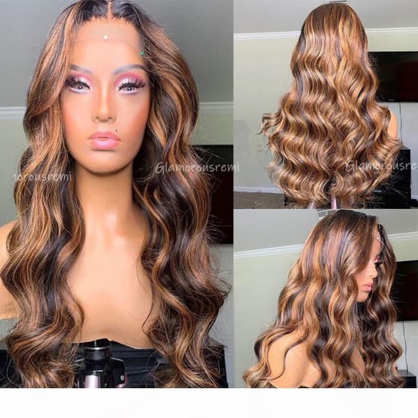 

brazilian body wave lace front human hair wigs with baby hair t part honey blonde highlight wigs remy density 150 for woman, Black;brown