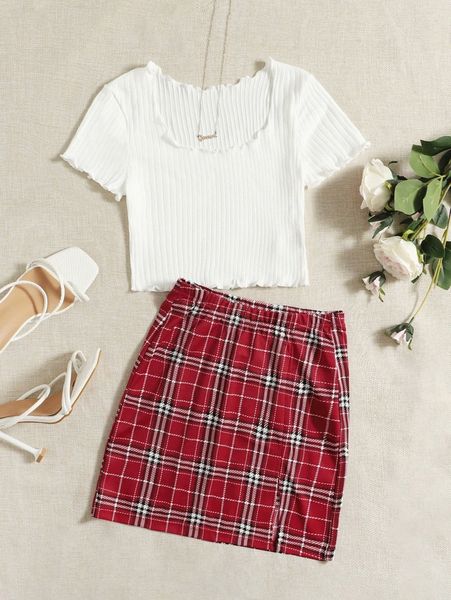 

scoop neck lettuce trim tee & plaid skirt set s3sz#, White