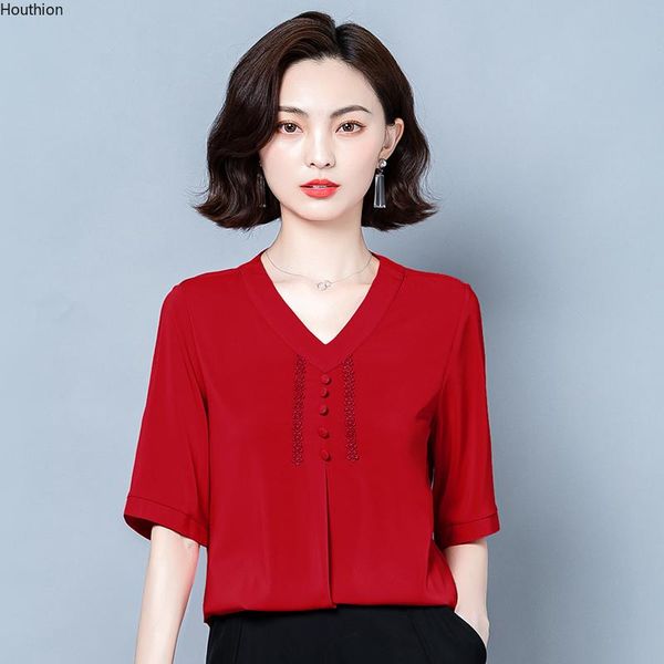 

women's blouses & shirts houthion blouse solid color v-neck silk casual fashion short sleeve shirt summer plus size lady blusas, White