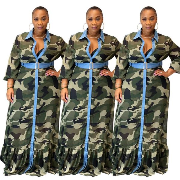 

casual dresses women maxi large size 3xl camouflage flare sleeve turn down collar autumn loose shirt dress wholesale drop, Black;gray