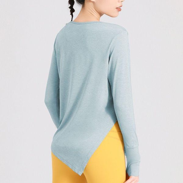 

running jerseys women t-shirt yoga long-sleeved o-neck side vent fitness pilates female crop gym clothing loose irregular tracksuits, Black;blue