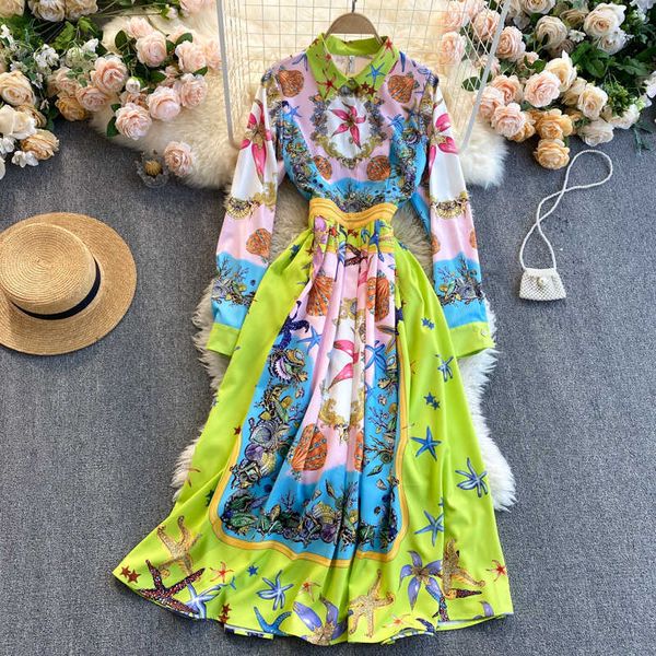 DEAT Sommerankömmlinge Print Reverskragen Langarm Hohe Taille Schlankes A-Linien-Kleid im böhmischen Stil MZ480 210709