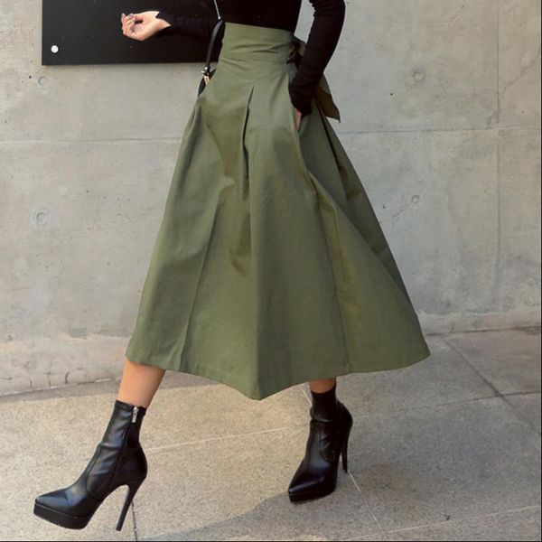 

skirt women slim high waist bowknot green skirts ladies loose fashion simple a line long skirts female solid skirts 2021, Black