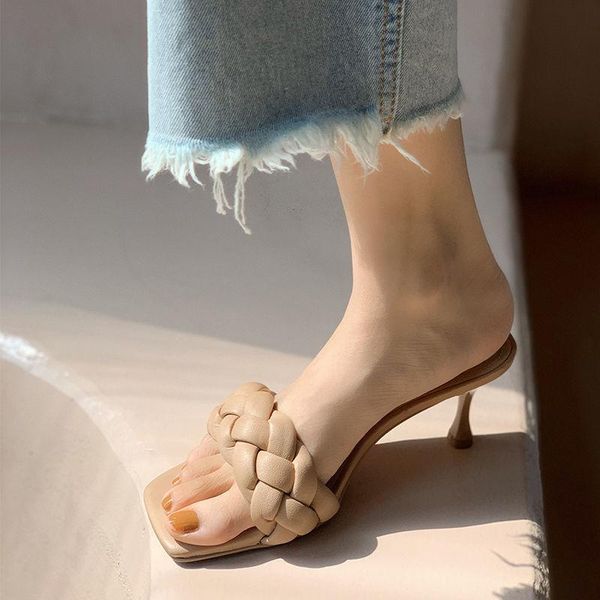 

slippers ins color woven thin heels wear one-piece sandals and fairy high, Black