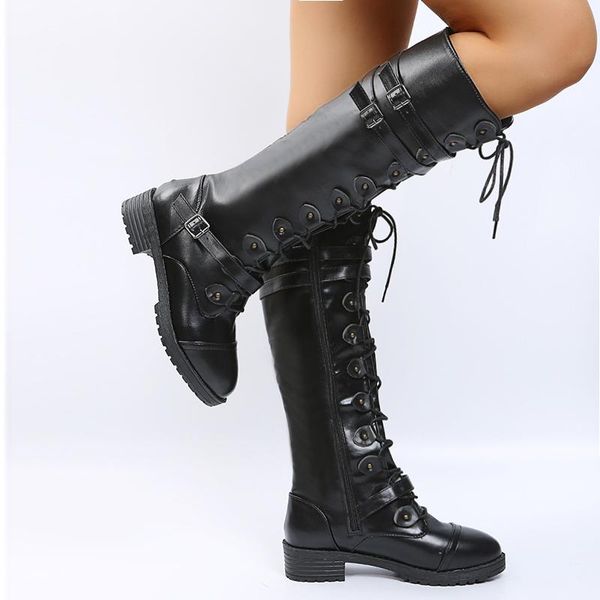 

boots chunky platform leather knee high women retro punk height increasing long woman lace up booties winter botas mujer, Black