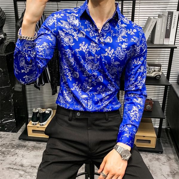 

bright blue men's shirts are uncommon soft slik clothes men fashion club party dress stage shirt bloom 4a4b, White;black