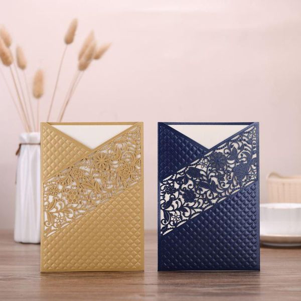 

greeting cards (50 pieces/lot) gold foil embossing muslim wedding invitation card customized navy blue business birthday cx919