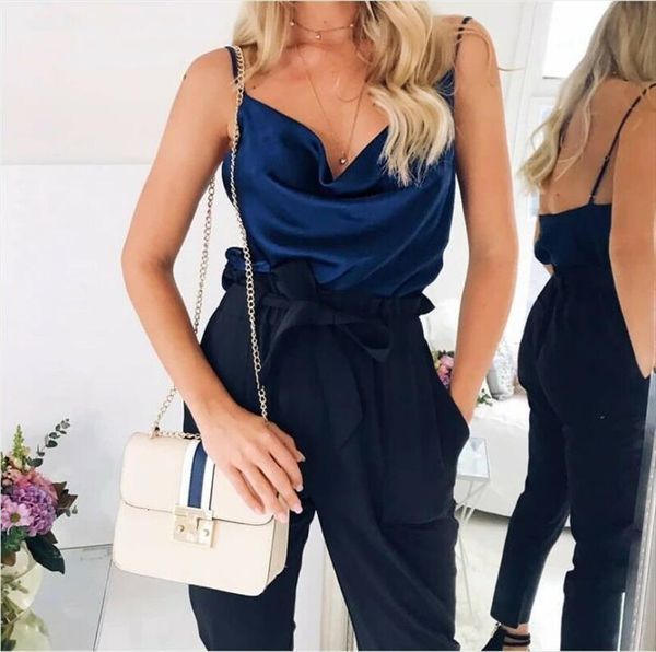 

fashion fairy draped women tank v neck silk satin sleeveless vest strappy black white navy green