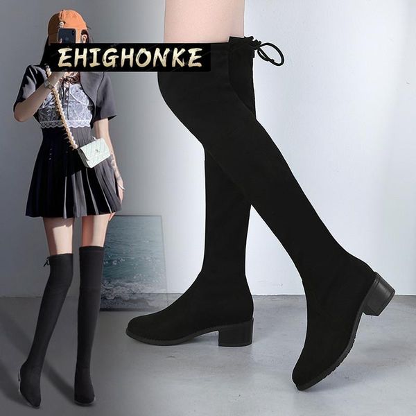 

boots winter warm thigh high over the knee women 's shoes square toe flat heel bottine femme short stretch fabric, Black