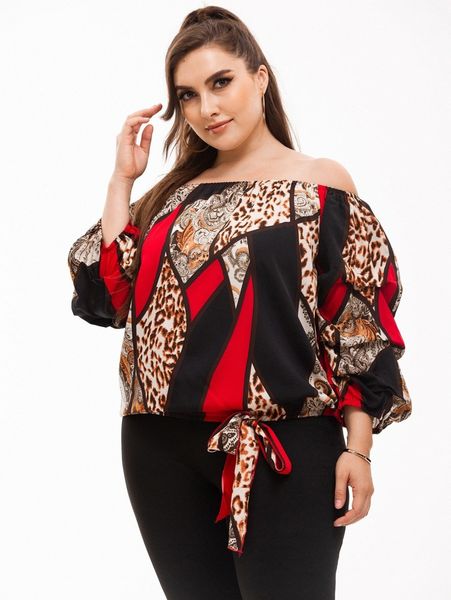 

plus leopard bardot bishop sleeve knot hem blouse a5h6#, Black
