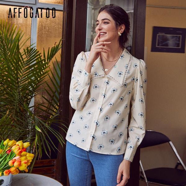 

Affogatoo Floral print blouse shirt women Casual long sleeve vintage female shirt v-neck streetwear office ladies blouse, White