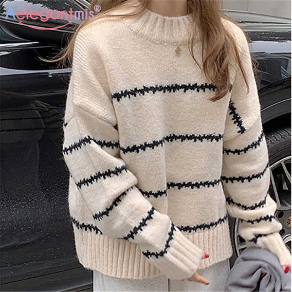 Aelegantmis Koreanische Mode Schwarz Weiß Gestreiften Pullover Pullover Frauen Casual Warme Weibliche Vintage Streifen Strickpullover Farbblock 210607