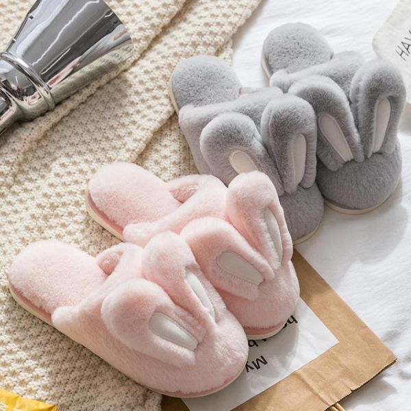 

women warm faux fur slippers ear lovers indoor slipper soft plush anti-slip winter female home floor shoes sh462, Black