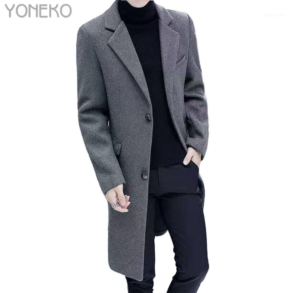 

men's windbreaker medium long woolen coat korean slim fashion winter youth thickened jacket trench coats, Tan;black