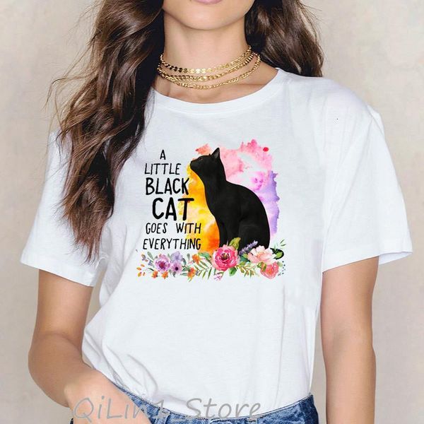 

a little black cat animal print t-shirt graphic tees women clothes 2021 funny pink flowers t shirt femme harajuku kawaii tshirt, White