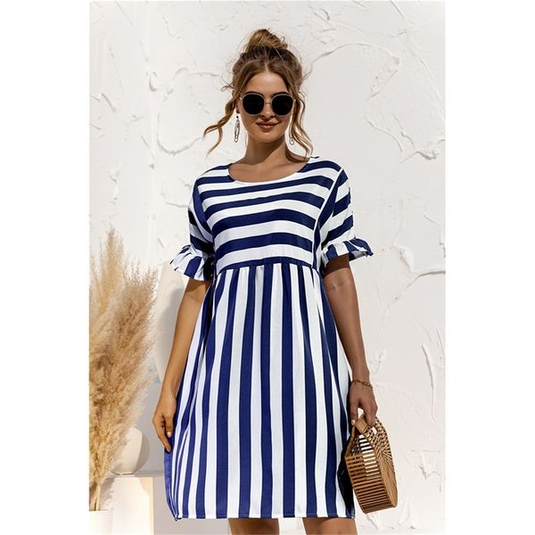 

women elegant ruffle sleeve striped patchwork a line dress summer casual high waist o neck loose pocket dress beach wear 210309, Black;gray