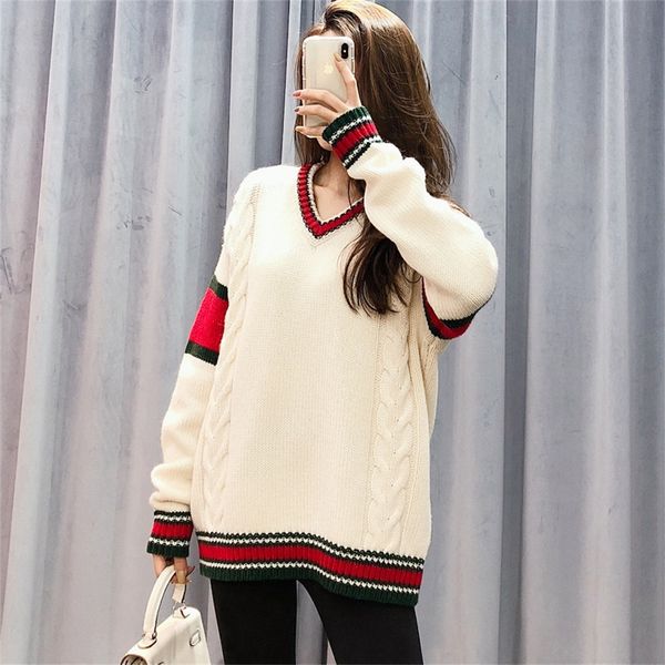 

wool v-neck sweater warm couple 20 winter college red and green contrast twist v-neck long sleeve t-shirtli, White;black