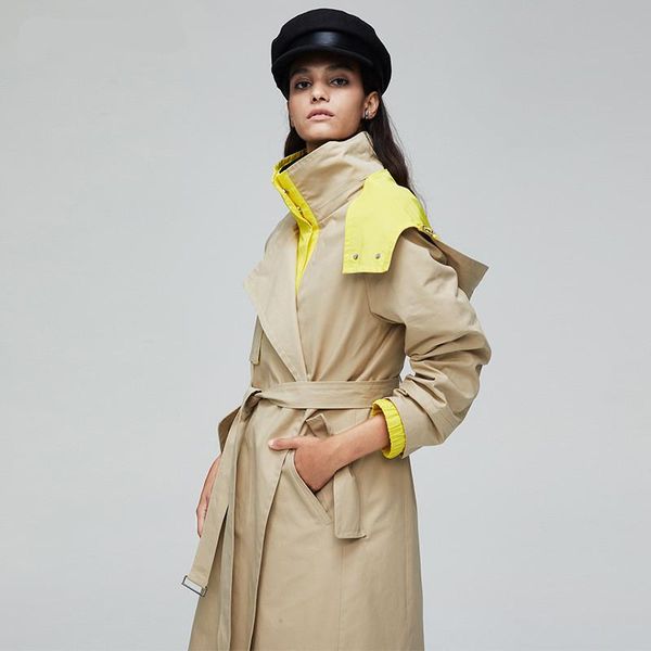 

women's trench coats 2021 autumn single breasted casual women straight long sleeve contrast color over-knee coat, Tan;black
