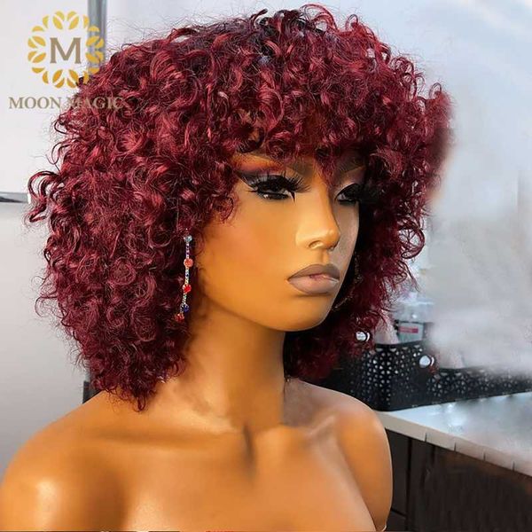 

lace wigs bangs wig human bob kinky curly burgundy 99j front short hair colored brazilian women, Black;brown