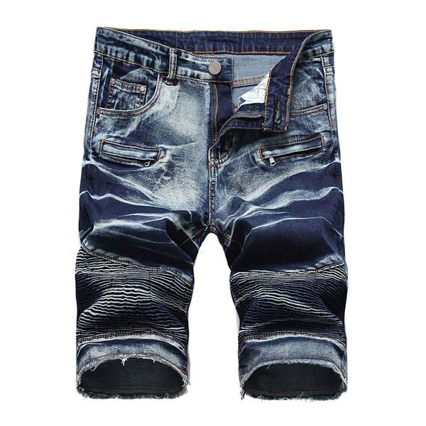

2021 new men's male biker shorts for motorcycle tie and dyed pleated slim straight stretch denim jeans summer capri mb6l, Blue