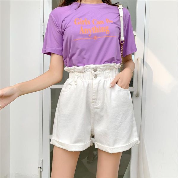 

paris girl summer highwaist denim shorts women casual loose ladies fashion hem elastic waist pocket blue white jeans female, White;black