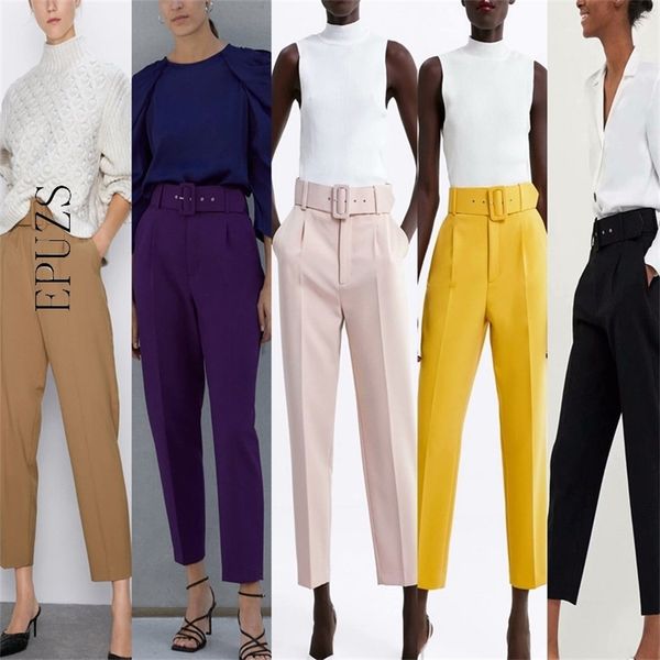

winter elegant office black pants women sashes pockets zipper fly high waist pants streetwear cargo pants casual pencil trousers 201113, Black;white