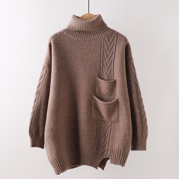 

asymmetrical turtleneck women sweater pullovers solid pocket knitting thicken loose female pulls outwear, White;black