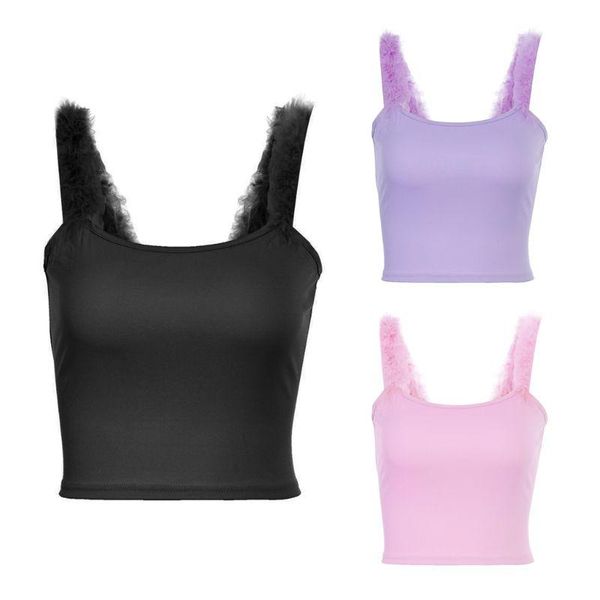 

women's tanks & camis women sleeveless tank crop cute fluffy feather straps u-neck camisole slim fit solid color sling vest bustier, White