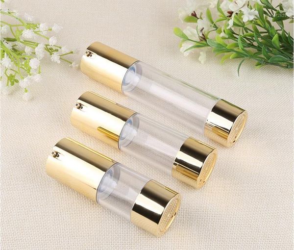 

100pcs golden 15ml 30ml 50ml airless pump with clear body bottle by self empty reusable refillable diy skin care creations sn106 storage bot