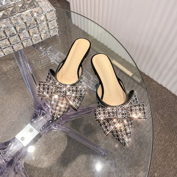 

baotou half slippers women wearing outside in summer 2019 new fashion flat pointed mules shoes bow slippers, Black