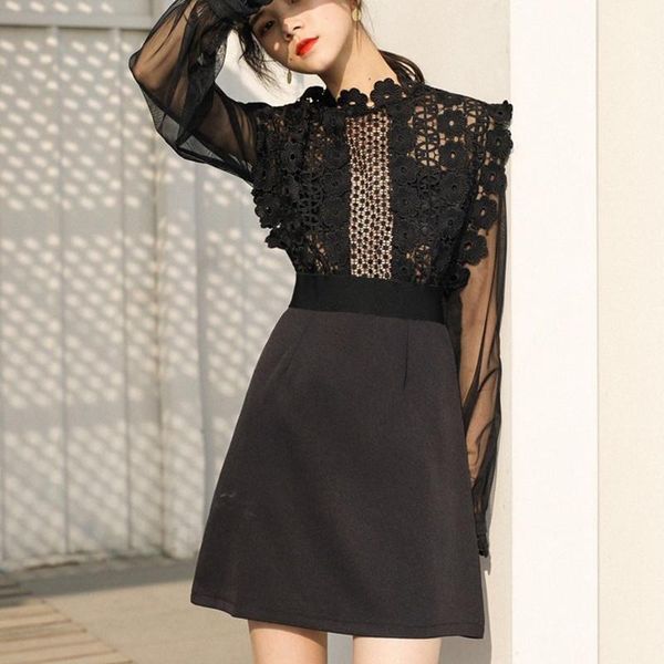 

casual dresses elegant women runway summer dress hollow out lace patchwork robe femme ruffles long sleeves party mini, Black;gray