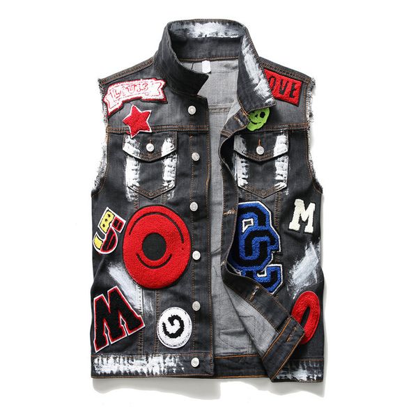 

2021 new men's male badges patchwork embroidery jean vest trendy streetwear eagle painted denim sleeveless black waistcoat l98r, Black;white