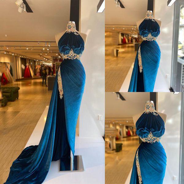 

velvet mermaid evening dresses long crystal beading side split african prom dress sleeveless arabic formal party gowns plus custom made, Black