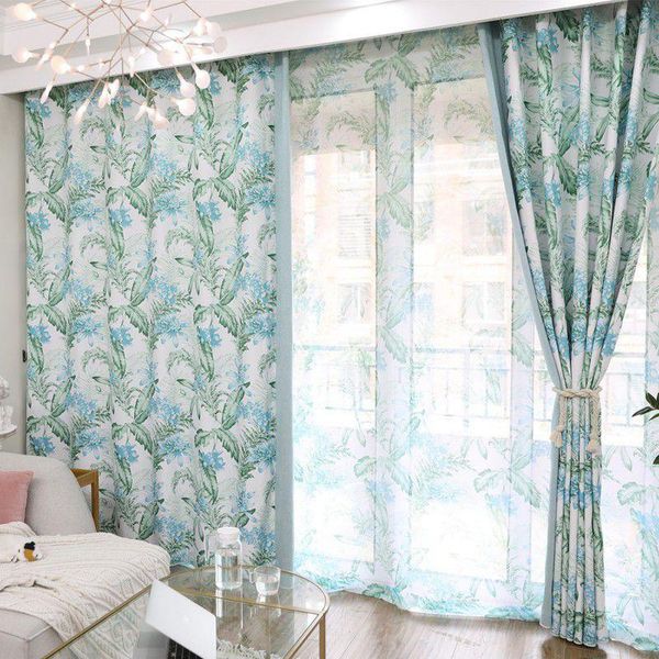 

ink leaf printing blackout curtain green 100*250cm wide*length perforated 2pcs curtains for living room