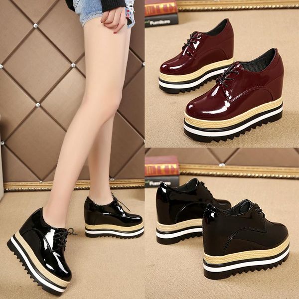 

dress shoes european style increased women's 2021 autumn korean students patent leather tied with casual platform, Black