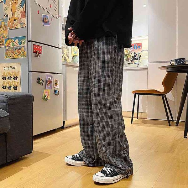 

men's pants spring summer plaid fashion retro casual men streetwear korean hip-hop straight wide-leg mens trousers 2mdr, Black