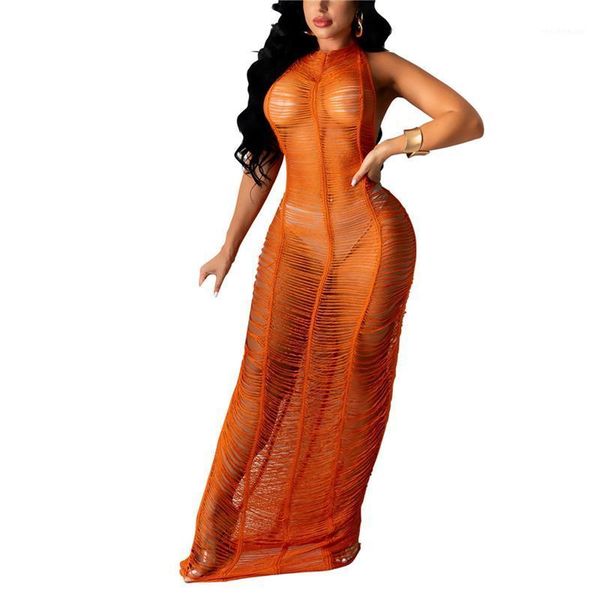 

women's swimwear women solid color halter dress cover up beach woman sleeveless hollow out see through high waist pareos de playa mujer, White;black