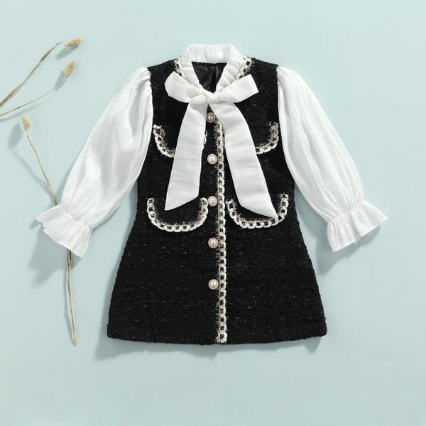 

girl's dresses pricess party infant girls fall winter single-breasted color block long sleeve round neck kids dress with bow, Red;yellow