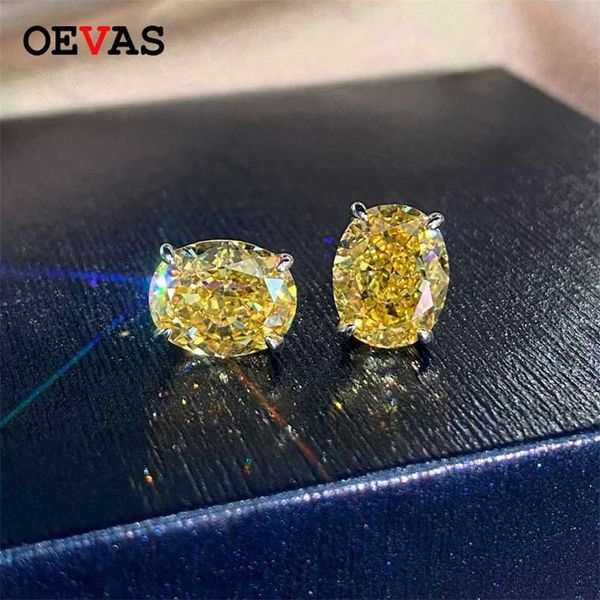 Ovas 100% 925 Sterling Silver 8 * 10mm Oval Alto Carbono Diamante Brincos Rosa Amarelo 5A Zircon Partido de Casamento Jóias Fine 211009