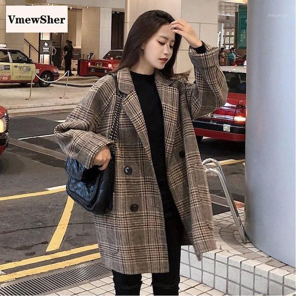 

vmewsher chic plaid woolen women jacket thick office lady pockets work coat ladies loose double breasted outerwear 2021 women's wool &, Black