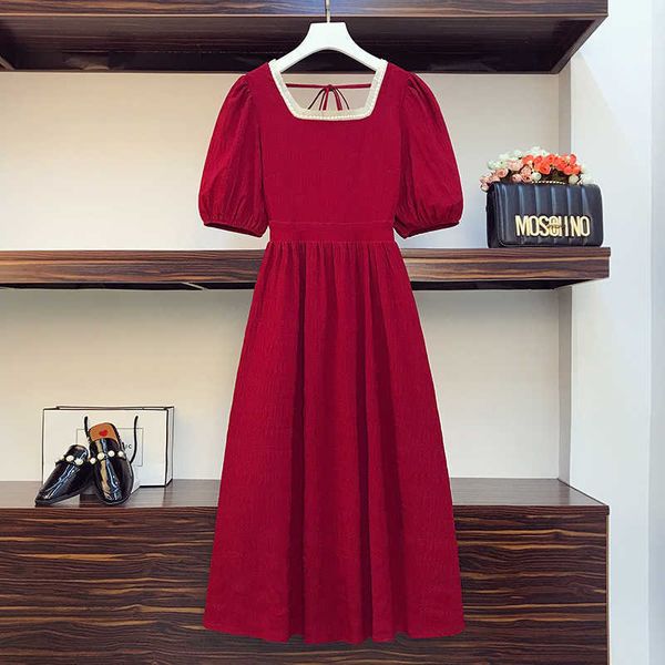 

women's t-shirt summer women vintage french fancy elegant beading frilly square neck sleeve empire a-line midi long es ladies b1kj, White