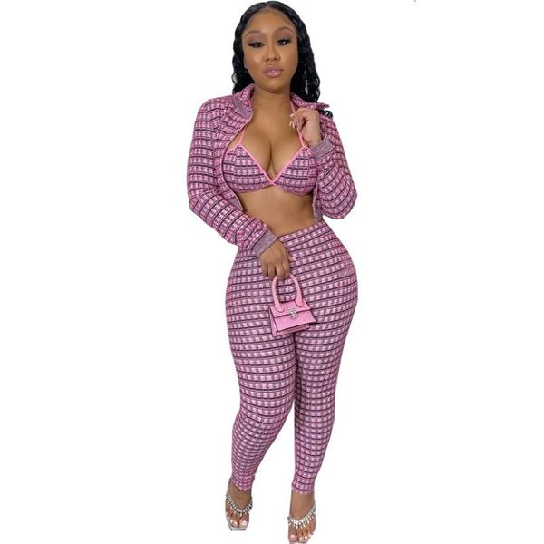 

female printing chess 3 piece set complete jacket with harvest bra and thin pants suit autumn fashion new office lady clothes 09r2, Gray