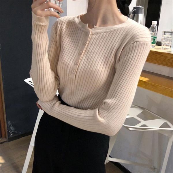 

women's sweaters autumn solid color button decoration sweater fashion slim o neck long sleeve women knit pullover, White;black