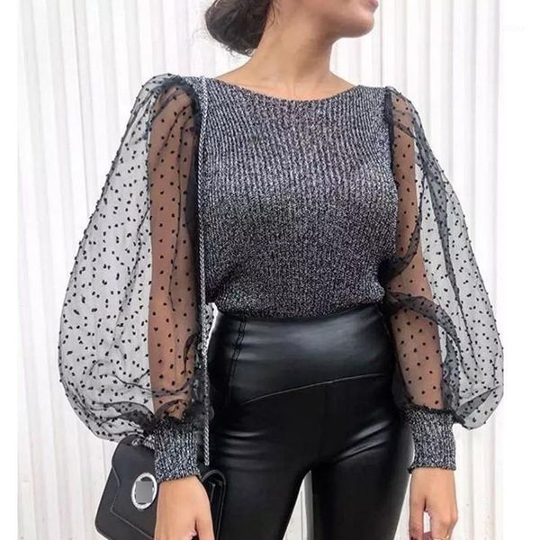

women's sweaters korean fashion black pullovers see-through sheer mesh dot long puff sleeve jumpers crochet female slim sweater women a, White;black