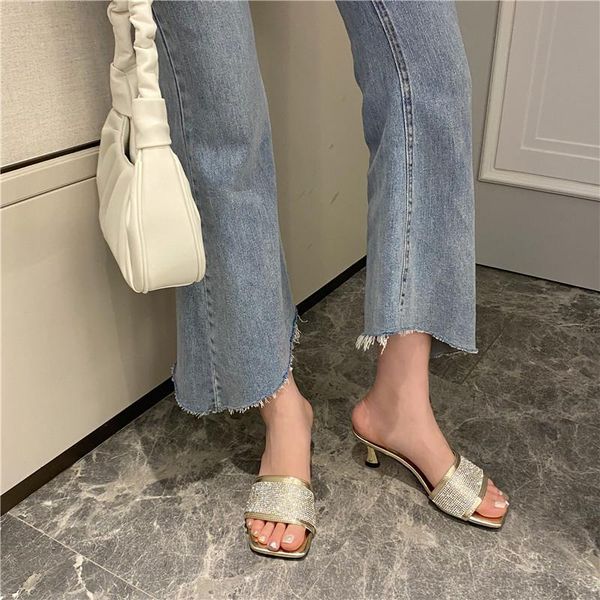 

2021 summer new luxury ladies crystal high-heeled slippers open-toe slippers fashion rhinestone party shoes, Black