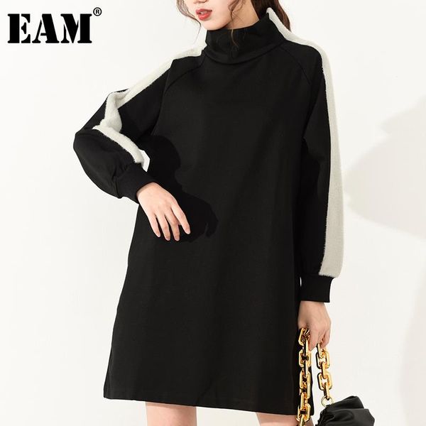 

eam] women black side line stitch thick dress new turtleneck long sleeve loose fit fashion tide autumn winter 2021 jl23201, Black;gray